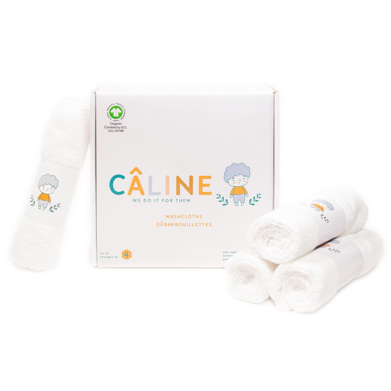 CÂLINE giftable box with four rolled organic cotton washcloths