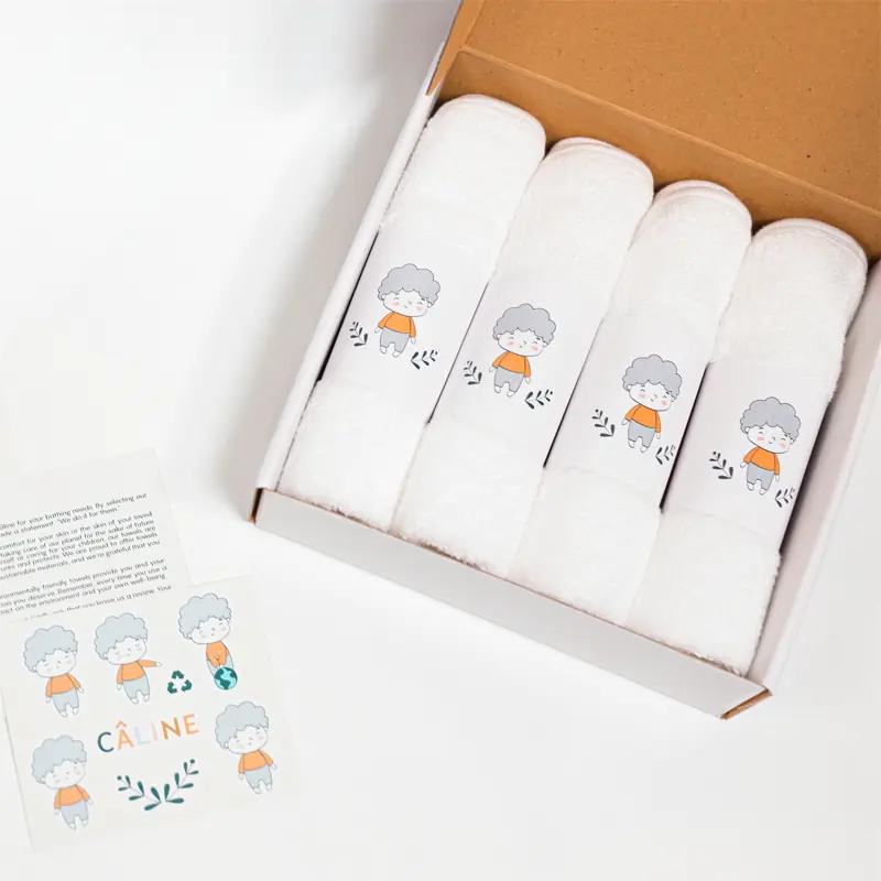 Open CÂLINE box showing four organic cotton washcloths